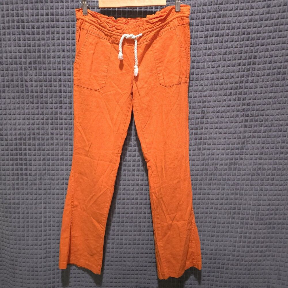 Orange Linen Flared Drawstring Pants Sm-Med Roxy Wide Boho Dopamine Beach Surfer